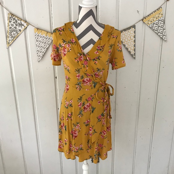 Blue Rain Dresses & Skirts - Blue Rain Mustard Floral Faux Wrap Dress